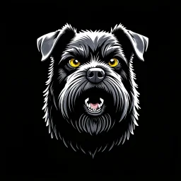 head of an angry scruffy black terrier on black background, yellow eyes, defined teeth, turned to the side, illustration