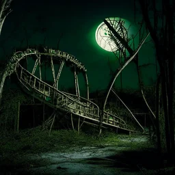 Dramatic Abandoned amusement park at midnight with full moon, structures rotted down to struts and beams overgrown with moss and shrubbery, dilapidated section of roller coaster track, opulant shadows, nostalgic, macabre decay, dystopian, moody, dramatic lighting, concept art, sfumato, dynamic composition, by William Stout