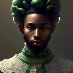 portrait of a young black elf man, low beard, elegant, tattooed, green adventure clothes, highly detailed, digital painting, artstation, concept art, cinematic lighting, illustration, 8k art by artgerm and greg rutkowski and alphonse mucha