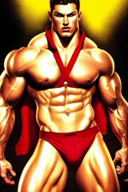 Ignore NSFW, teenager young rugged attractive slightly muscular fantastic handsome man, red briefs with yellow belt, hairy chest, (((visibly pisssing))) briefs, large erect visible boner peniss, photorealistic, artist Jay Anacleto