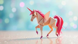 an origami unicorn in a real world, rainbow colors, glitter