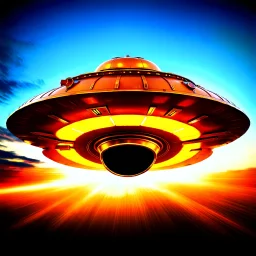 award winning photograph of a steampunk house-fly ufo designed by only one vehicle per image painted metallic orange traveling at a high rate of speed, jet intake off of front center of vehicle and jet exhaust out the rear bilaterally symetrical,