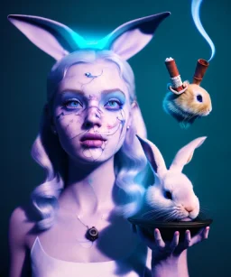 Ultra realistic wonderland portrait, hot, blonde happy woman and white rabbit, smoking a pipe, blue slim dress, circus dress style, black headband with bow, old school tattoo, smoke, marijuana garden, glow eyes, perfect iris, soft color, highly detailed, unreal engine 5, ray tracing, RTX, lumen lighting, ultra detail, volumetric lighting, high definition.