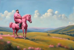 a big fat man sitting on a pink horse in hills like a 19th painting