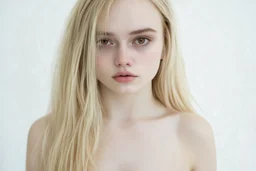 Polaroid, elle fanning,,cheveux long blonds, yeux marron, petit nez, visage poupin, , fond blanc, regard , epaules dénudées, grunge