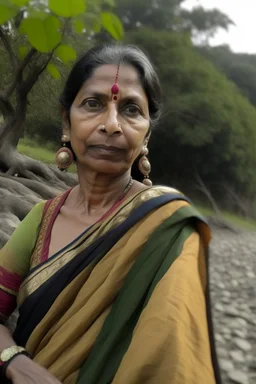 a woman wearing a modern saree, standing near a tree, mid age, long face