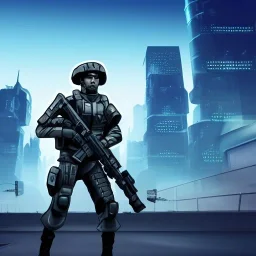 Futuristic Soldier Fighting in a Futuristic city