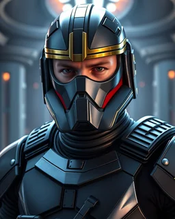 star wars bald male corellian pilot wearing pearlescent black and gunmetal grey First Order special forces heavy assault armor and full face helmet with gold and metallic red visor and trim inside the jedi temple, centered portrait, hyperdetailed, dynamic lighting, hyperdetailed background, 8k resolution, volumetric lighting, light skin, fully symmetric details