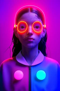 Ultra Realistic image, Rosalía artist, waist up portrait, black eye line, sweet angry face , pink spray line make up, geometric, neon, rings piercing, led ornament, bubble latex coat, cold, led lights, pop style, vibrant color, highly detailed, art stations, concept art, smooth, unreal engine 5, god rays, ray tracing, RTX, lumen lighting, ultra detail, volumetric lighting, 3d, finely drawn, high definition, high resolution.