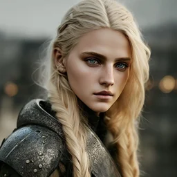 Prhotorealistic close-up of a beautiful blonde warrior with dystopian clothes and background