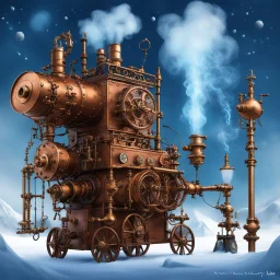 Behold the fantastical creation of Professor Blockhead, a steam-powered contraption whirring and clicking with fervor. The eccentric inventor gazes upon his invention with theatrical awe, frozen in perpetual amazement. Copper pipes gleam, brass gears sputter, and steam hisses, adding a mystical air to the scene. In the style of Jules Verne, the spectacle captures the essence of boundless imagination and audacious brilliance. The contraption embodies the chaotic energy of a flawed yet captivating
