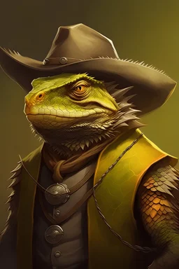 a large bearded dragon lizardfolk cowboy bounty hunter