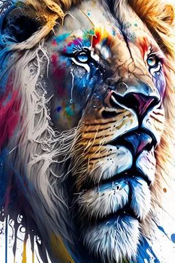 "lion", clean design, epic Instagram, art station, splash of colorful paint, contour, ((solid white background)), closeup, looking into camera, hyperdetailed intricately detailed, unreal engine, fantastical, cinema lighting, intricate detail, splash screen, complementary colors, fantasy concept art, 8k resolution, DeviantArt masterpiece, watercolor, paint dripping