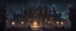Outside the dark palace at night, where the lights are on, along with two monsters on the left and right