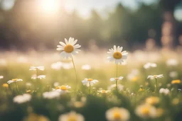 cute chibi smiling faced daisy flowers playing football in sunshine in sunshine, ethereal, cinematic postprocessing, bokeh, dof