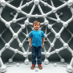 a 3d structure fractal based on tiangles with small spheres at joints ,with a 8 years old boy standing in center