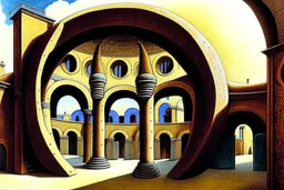 a round plaza, a Roman arcade with arches curved around it, by artist "Leonora Carrington"