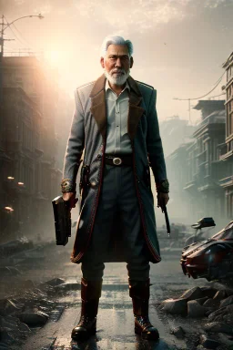 Old man Cyborg anime warrior, grey hair, trimmed grey goatee, brown eyes, waist up portrait, 4k resolution, intricate details, ornate details, soft lighting, vibrant colors, retroanime, futuristic cityscape background
