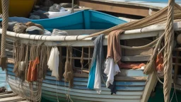 Close-up of an anchored boat, with clothes hanging to dry on the deck, capturing everyday life by the sea.