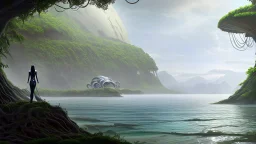 Detailed matte painting of a wide-angle shot of a woman, standing on the left side of the shot, with dark hair in a silver robotic catsuit, many large floating jellyfish with octopus tentacles, alien jungle trees in the distance, with an alien beach and lake