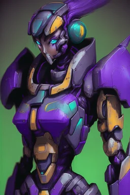 One Genderless Cyborg made of old rusted metal, has a human like face with a really long violet ponytail, the armor is similar to Zero from Megaman. The color palatte of the armour is deep purple and yellow. They have Turquoise colured eyes. The Background is dark grey.