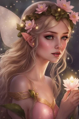 Pointed elven ears,Blonde hair ,Pink dress,Sparkling fairy wings,Very long golden hair,Fairy crown,pointed ears,elven ears,fairy wings,water lilies,sparkling,glittering,flowers,blossoms,golden crown,light pink dress