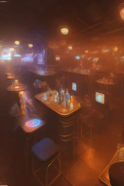 dog in a cyberpunk bar, digital art style. fantasy,particales, wide shot,cowboy robots, western feel,cinematic, highly detailed, intricate detail