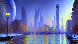 Space cyberpunk city, winter, claude monet painting