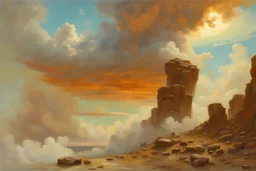clouds, rocks, mountains, 90's sci-fi movies influence, beyond and new age influence, rodolphe wytsman, and charles leickert impressionism paintings