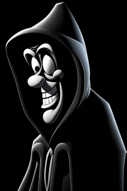 1950s goofy character with skull face wearing a black hooded cloak, drawn in a early animation rubber hose animation style, inside a diamond shape on a black background, monochromatic