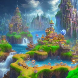 New Land by super mario 3d land with waterfalls, 3d, high detail, symbols, 4k, ray traing, render, future punk, steam punk, magic in blue colors, no other place