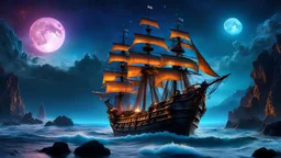 Hyperrealistic Vibrant Mythical And Mystical Hyperrealistic Intricate Dark Spooky Aura Pirate Ship Sailing On Rocky Wavy Seas, Bioluminescent Blue Glowing Vibrant Coloring, All In Beautiful Shades Of Color, Cosmic Galactic Stunning Moonscape Of Many Colors And Bright Stars In The Night Sky With A Gigantic Mystical Full Moon Nebula, 64k Masterpiece, 8k, UHD