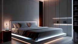 A minimalist tech-inspired bedroom with a smart bed, ambient lighting controlled by voice commands, and hidden charging stations