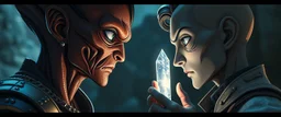 Close-up confrontation between an ancient alien outcast leader and a space broker, standing only a meter apart, intense eye contact, glowing crystalline rod between them, anger mixed with sadness, dramatic facial expressions, shallow depth of field, cinematic lighting, stylized 3D anime, airbrush painting, crisp outlines