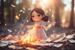 paper money stacks, cute chibi brunette princess desperately throwing a pile of paper money onto a burning bonfire with a pitchfork in sunshine, ethereal, cinematic postprocessing, bokeh, dof