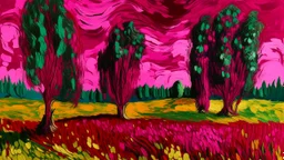 A magenta field with cypress trees painted by Vincent van Gogh