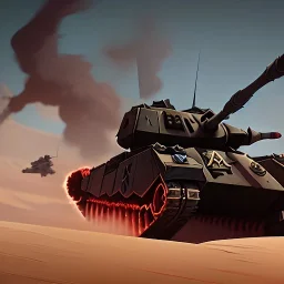 a titan, destroying a tank squadron, during a war in a desert