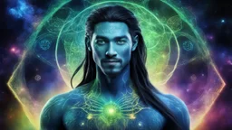 beautiful gorgeous young man na'vi with long hair, Avatar, blue skin, two small ears, green eyes, black hair, in cosmic suit, galactic ambiance, medium pointy goatee , smiling, nebulas and sacred geometry light figures on the backgroud,