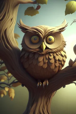 Owl in a tree. Cartoony design, hyperreal render