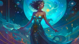A cosmic goddess emerging from a swirling nebula, eyes filled with ancient wisdom and starlight, hair cascading like liquid galaxies adorned with shimmering constellations, dressed in a flowing, star-studded gown. A digital painting in the style of Alphonse Mucha, Syd Mead and Simon Stalenhag, with luminous brushstrokes, intricate detail and volumetric lighting, mixing elements of Art Nouveau and science fiction, hyper-detailed, ethereal and divine. masterpiece, 8k resolution, dark fantasy conce