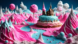 detailed creepy landscape made of cake frosting, cotton candy, ice cream, strong texture, extreme detail, octane render, Yves Tanguy, Max Ernst