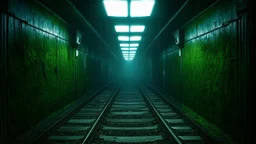 GAME CONCEPT ART .two poin perspective.Inside the old subway tracks, . Low light and closed green moss walls. Like the original design of the game space ,digital art.landscape,far camera old painting,2 Chen and George Hopper, Rembrandt lighting, a dark green color scheme, ethereal light. --ar 13:16 --v 6. 0 metro game