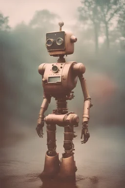 steampunk, vintage analog polaroid of a woman robot, female body, fog, lomography, heavy film grain, rain, color bleed, depth of field, bokeh, retro