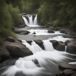 De petits tourbillons viennent éclore à la surface, l'eau descend le torrent poussée par le courant. Les grands échassiers viennent s'y désaltérer au son des gazouillis des oisillons... Au bout de quelques minutes la vitesse du courant augmente et quelques truites sautent prestement de l'eau pour retomber plus loin : la cascade n'est pas loin ! Là, ce sont des dizaines de milliers de larmes cristallines qui se précipitent brusquement dans le vide pour arriver au lac. De patients pêcheurs lancent