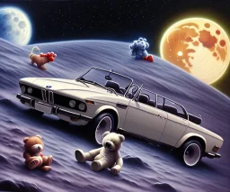 little boy and big teddy bears on moon. drifting in old bmw. oil on canvas