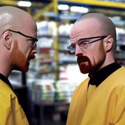 Walter White yells at Jessie Pinkman in a Costco, photorealistic