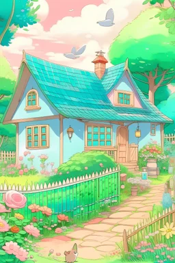 ghibli inspired cute family cottage and garden close up art painterly pastel colours