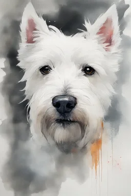 Portrait of a White West highland terrier dog with gentle expression in loose watercolour, wet on wet, and splattering in the style of Agnes Cecile, Willem Haenraets, Yoji Shinkawa, Guy Denning, Florian Nicolle with chalk and rough pastel on rough, textured paper