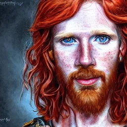 Portrait of young Courtney Gains as a ruggedly handsome, joyful, roguish pirate, charismatic, attractive male, masculine, perfect, precisely detailed clear eyes, unblemished, flawless skin, softly freckled face; meticulously detailed multi-hued ginger carrot-colored cherry fire red hair; fantasy, intricate, elegant, highly detailed, digital painting, concept art, matte, sharp focus, illustration, art by artgerm and greg rutkowski and alphonse mucha