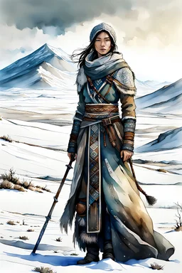 create an ink wash and watercolor, full body, young, otherworldly lost Siberian nomadic female huntress, fantasy art character, with highly detailed, sharply lined and deeply weathered facial features, outside her yurt in a desolate tundra steppe landscape , in natural winter tundra colors, 4k